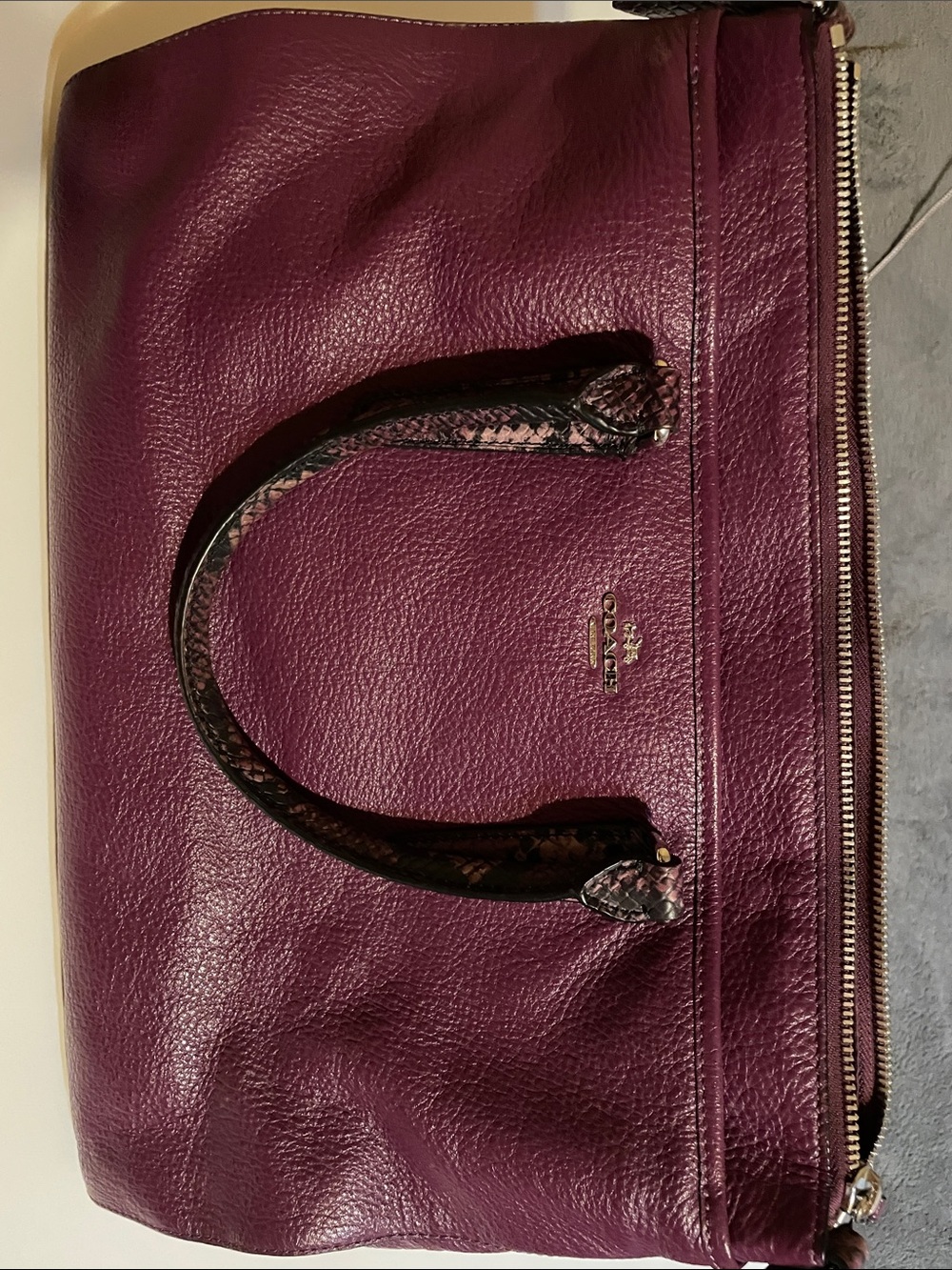 Coach Deep Plum Leather Tote with Snake-Print Handles